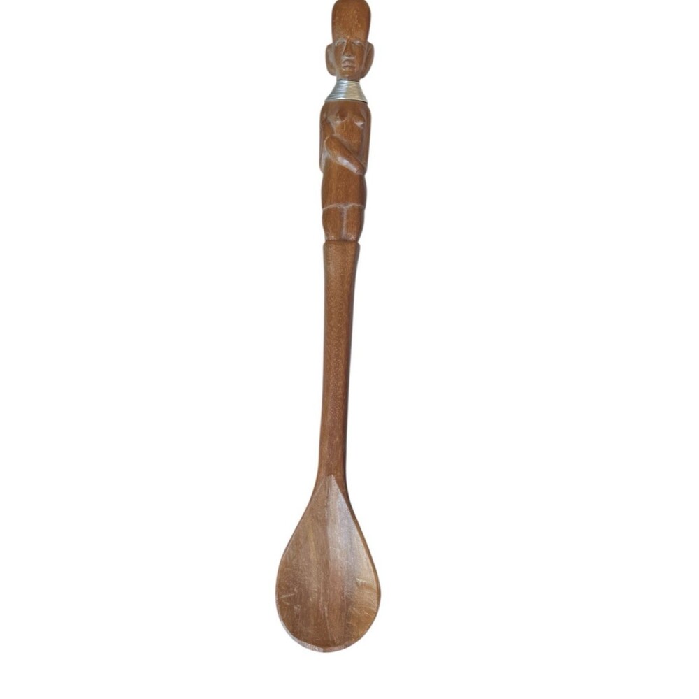 African Hand Carved Spoon Kneeling Woman Wood Folk Art Coiled Necklace 13-1/2"